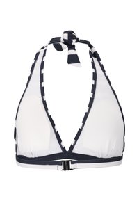 Mørkeblå og hvid stribet halter-bikini top med en dyb V-halsudskæring, justerbar knude omkring halsen og en sort clasp lukning bagpå.
