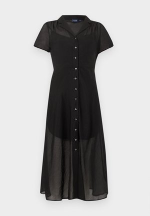 Robe midi noire transparente à manches courtes, avec fermeture boutonnée sur le devant, col chemise et silhouette évasée.