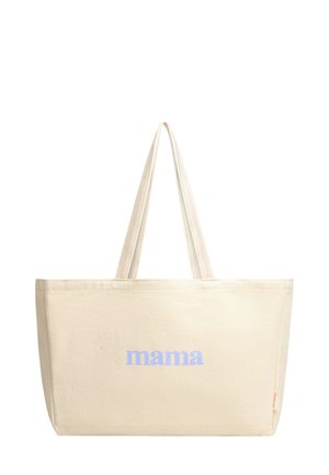 Canvas tote bag in off-white with blue "mama" text. Features long handles and a rectangular shape, suitable for everyday use.