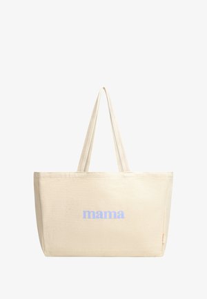 Borsa tote in tela di colore panna con testo "mama" in blu. Presenta manici lunghi e una forma rettangolare, ideale per l'uso quotidiano.