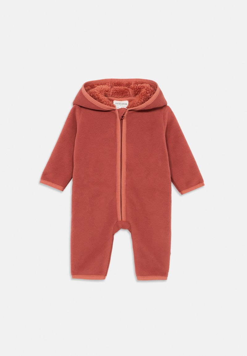 Combinaison pour bébé en polaire couleur orange brûlé avec capuche, dotée d'un intérieur doux et texturé, d'un zip intégral et d'accents de finition contrastants.