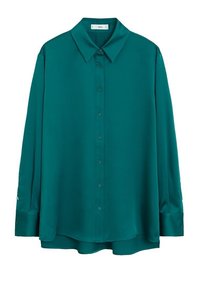 Teal long-sleeve button-up blouse with pointed collar and buttoned cuffs, slightly loose fit with a slightly curved hem.