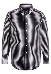 Koszula w czarno-białe paski, zapinana na guziki, z długimi rękawami, kołnierzykiem oraz małym niebieskim logo na lewej piersi. Miękka faktura materiału.