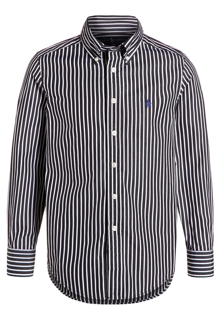 Koszula w czarno-białe paski, zapinana na guziki, z długimi rękawami, kołnierzykiem oraz małym niebieskim logo na lewej piersi. Miękka faktura materiału.