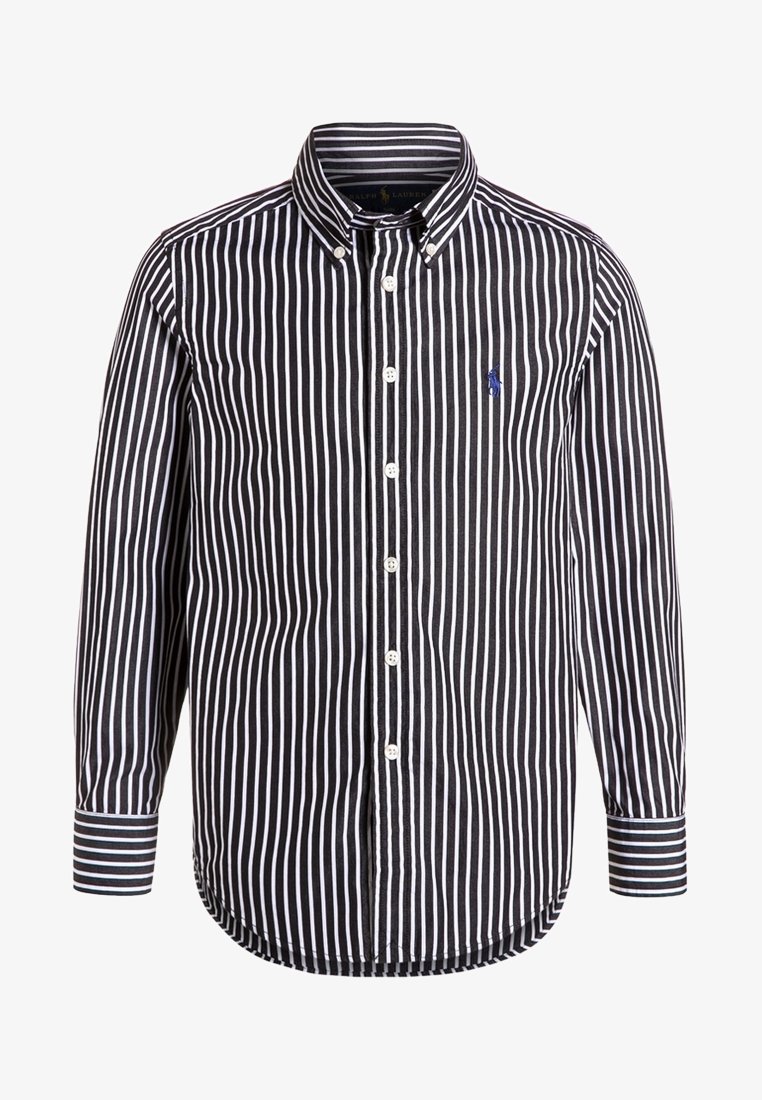 Koszula w czarno-białe paski, zapinana na guziki, z długimi rękawami, kołnierzykiem oraz małym niebieskim logo na lewej piersi. Miękka faktura materiału.
