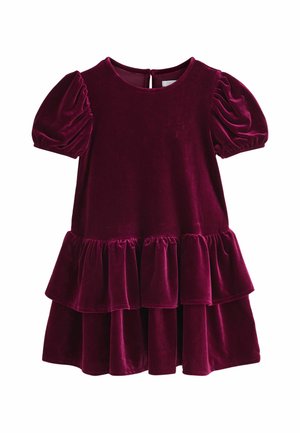 Tumši sarkana samta toddler kleita ar pūka piedurknēm un dubultā kārtā kroksētu svārku, ar pogas aizdari aizmugurē.