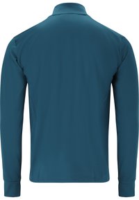 Teal långärmad träningströja med hög krage, visad bakifrån, med slätt tyg och åtsittande muddar.