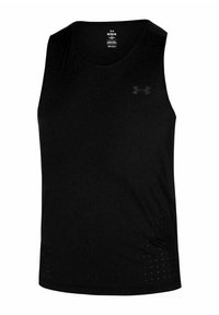 Schwarzes ärmelloses Sporttanktop aus leichtem Material, mit kleinen Perforationen am Saum und einem Logo auf der Brust.