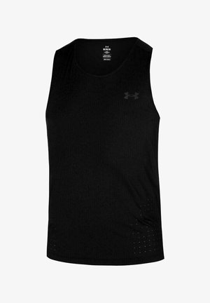 Schwarzes ärmelloses Sporttanktop aus leichtem Material, mit kleinen Perforationen am Saum und einem Logo auf der Brust.