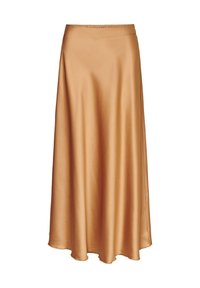 Satin midi-hame lämpimässä kultaisenruskeassa sävyssä, jossa on joustava vyötärö ja virtaava muotoilu, sekä sileä ja kiiltävä pinta.