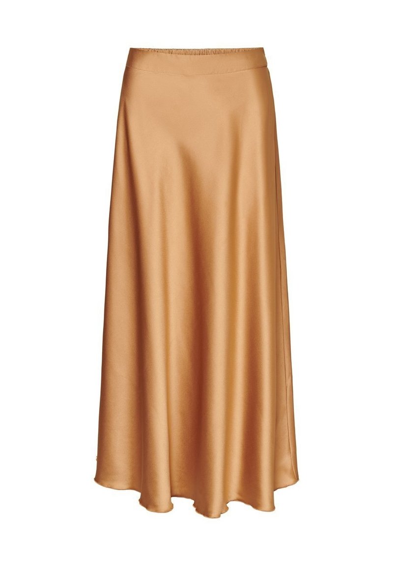 Satin midi-hame lämpimässä kultaisenruskeassa sävyssä, jossa on joustava vyötärö ja virtaava muotoilu, sekä sileä ja kiiltävä pinta.