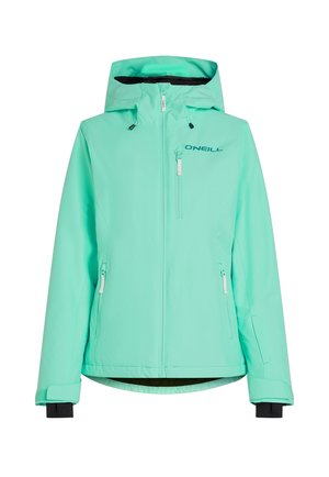 Light turquoise waterproof jacket with a hood, zippered pockets, black interior lining, and logo printed on the front.