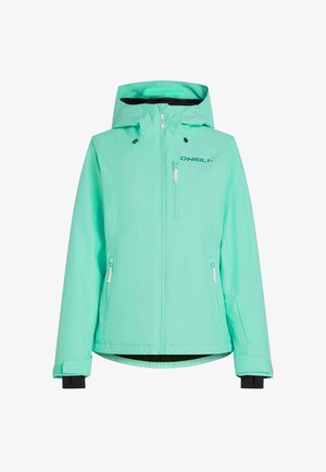 Light turquoise waterproof jacket with a hood, zippered pockets, black interior lining, and logo printed on the front.