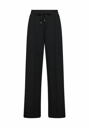 Black wide-leg sweatpants with an elastic waistband and drawstring, featuring a smooth texture and clean lines. No pockets or additional accents.