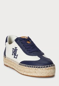 Kāju apavi ar espadrille stilu, kas izgatavoti no tumši zila ādas un baltas auduma augšdaļas, tumši zila šņorēm, bēšām akcentiem un izsistā jūtas zoli. Iespējams, ir logotipa elements.