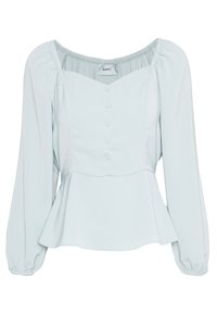 Blusa azzurro chiaro con maniche lunghe a sbuffo, corpino aderente, dettagli di button sulla parte frontale e orlo a peplum svasato. Tessuto liscio e morbido.