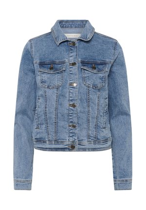 Jachetă din denim albastru deschis, cu închidere cu nasturi, două buzunare la piept cu clapete, mâneci lungi și guler clasic.