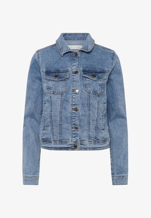 Jachetă din denim albastru deschis, cu închidere cu nasturi, două buzunare la piept cu clapete, mâneci lungi și guler clasic.