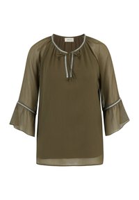 Blusa verde oliva con una texture leggera e trasparente, caratterizzata da un collo rotondo, dettaglio con nodo e maniche a campana con accenti argentati.