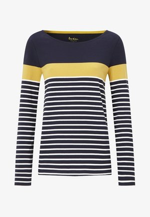 Námořnický a bílý pruhovaný top s dlouhými rukávy s horizontálním pruhem hořčicově žluté barvy přes hrudník; kulatý výstřih a měkká tkanina.