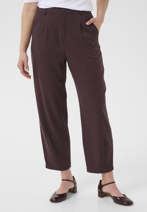 Burgundy trousers with a tailored design, featuring two front pockets, a flat front, and a relaxed fit. Smooth texture, ankle-length.