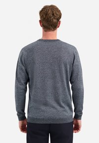 Grijze crewneck trui met een gebreid patroon, ribbelmanchetten en -zoom. De achterkant geeft een klassieke pasvorm en eenvoud in ontwerp weer.