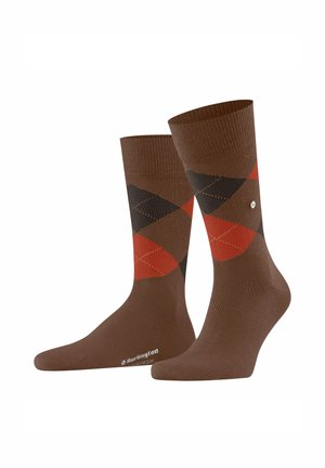 Chaussettes marron jusqu'aux mollets avec motif argyle rouge et marron foncé, et le texte "Burlington Edinburgh" sur le pied.