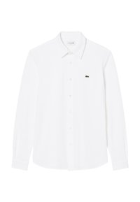 Weißes langärmliges Hemd aus Baumwolle mit Knopfleiste. Verfügt über einen klassischen Kragen und ein kleines grünes Lacoste-Logo auf der linken Brust.