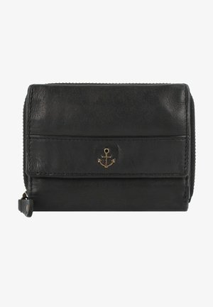 Black leather wallet with a zippered closure, featuring a small anchor emblem, smooth texture, and subtle stitching detail.