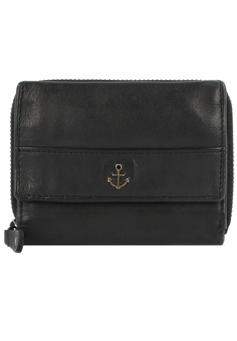 Portafoglio in pelle nera con chiusura a zip, caratterizzato da un piccolo emblema ad ancora, texture liscia e dettaglio di cucitura sottile.