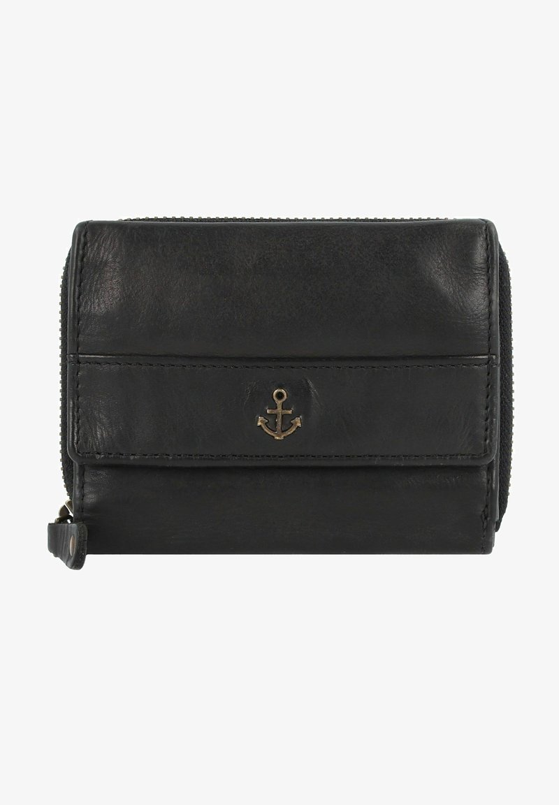 Black leather wallet with a zippered closure, featuring a small anchor emblem, smooth texture, and subtle stitching detail.