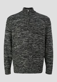 Mannenpullover in een grijs en zwart gemêleerd patroon, met een hoge kraag en kwartritssluiting, voorzien van ribgebreide manchetten en boord.