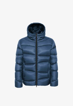 Mornarska puhovka s kapuco, ki ima prešito zasnovo, zadrgo in gladko, sijočo teksturo. Vključuje črn akcentni logotip.