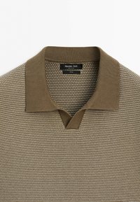 Brown textured knit polo shirt with a flat collar and split neckline, showing the internal brand label "Massimo Dutti."