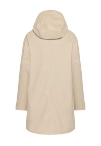 Beige waterproof coat with a fitted hood, long sleeves, and a straight cut. Smooth texture with no visible fastenings or patterns.