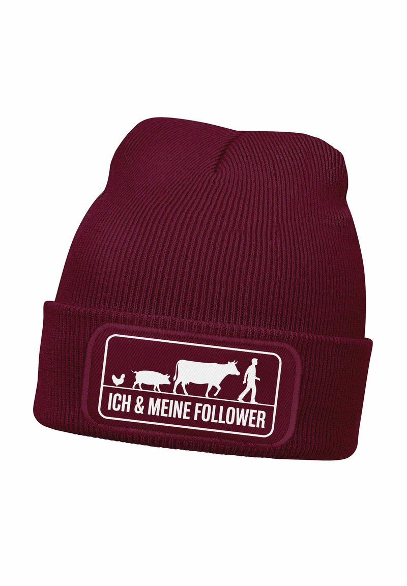 Burgundy knitted beanie with a folded cuff, featuring a white graphic of a farmer and livestock, and the text "ICH & MEINE FOLLOWER."