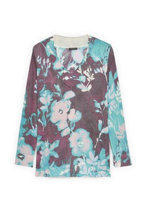 Haut à manches longues présentant un motif floral dans des tons de sarcelle, violet et blanc. Confectionné en tissu doux avec un décolleté en V.