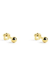 Pendientes en tono dorado con una forma estructurada que presenta un diseño de esfera. La superficie está pulida y es reflectante, lo que realza su atractivo visual.