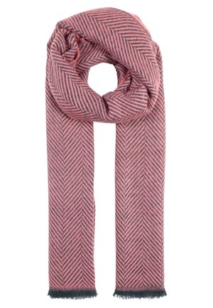 Longue écharpe rose avec des rayures diagonales foncées en motif chevrons, bouclée librement avec des bords noirs frangés aux deux bouts.