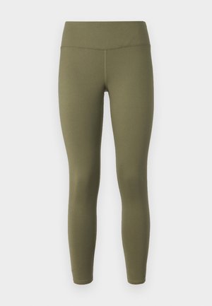 Leggings vert olive en tissu extensible, dotés d'une taille haute et d'une texture lisse et mate sans motifs ni accents visibles.