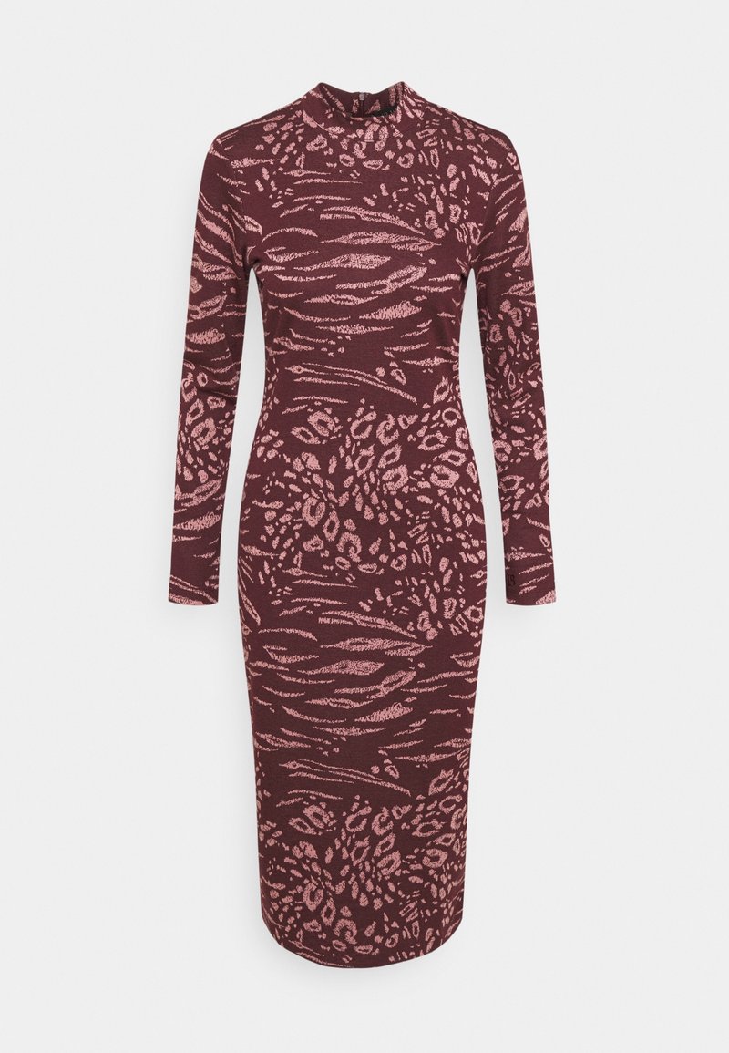 Robe ajustée à manches longues, longueur genoux, avec col montant en tissu bordeaux orné d'un motif abstrait d'animaux rose.