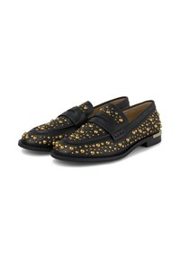Mocassins en cuir noir ornés de clous en métal doré, avec une tige texturée, un bout rond et un petit talon bloc.