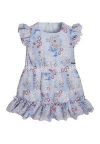 Světle modré šaty s volánkovými rukávy, květinovým vzorem a dekorativními prvky. Mají rozšířenou sukni a zipový uzávěr na zadní straně.