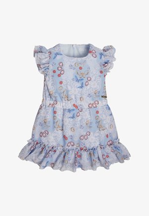 Jasnoniebieska sukienka z falbaniastego rękawami, kwiatowym wzorem i dekoracyjnymi elementami. Posiada rozkloszowaną spódnicę oraz zamek błyskawiczny z tyłu.