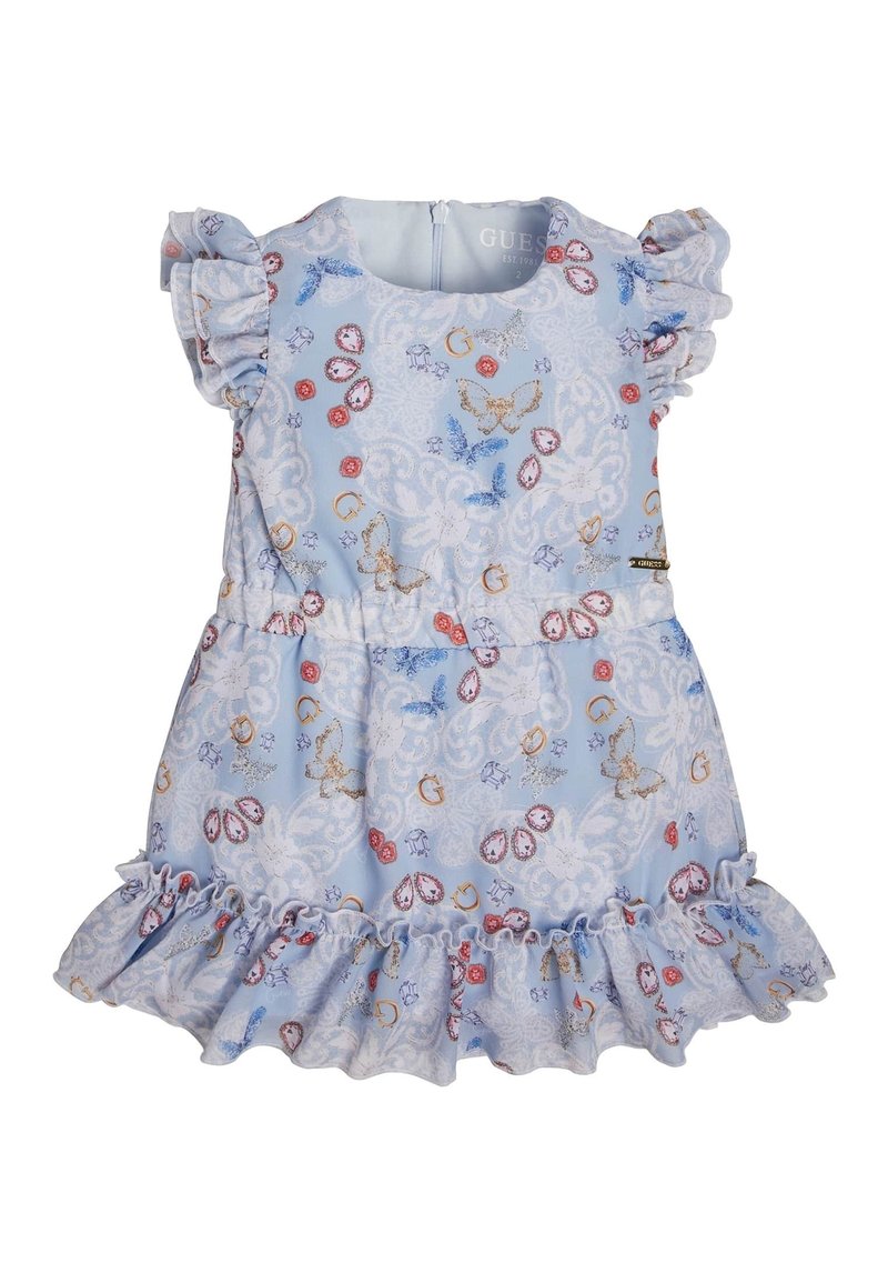 Světle modré šaty s volánkovými rukávy, květinovým vzorem a dekorativními prvky. Mají rozšířenou sukni a zipový uzávěr na zadní straně.