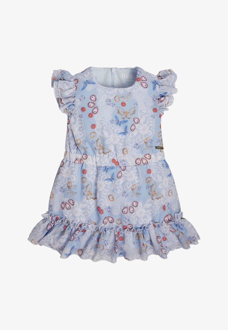 Světle modré šaty s volánkovými rukávy, květinovým vzorem a dekorativními prvky. Mají rozšířenou sukni a zipový uzávěr na zadní straně.