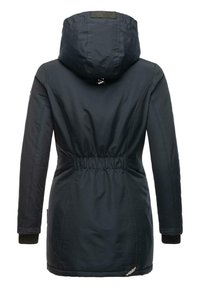 Navy waterproof jacket with a hood, elastic waist, and ribbed cuffs. Features a smooth texture and a logo detail near the hem.