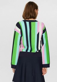 Barvna črtasta pulover s kombinacijo zelene, roza, modre in mornarsko modre. Ima dolge rokave in riban rob. Mehka pletenina.