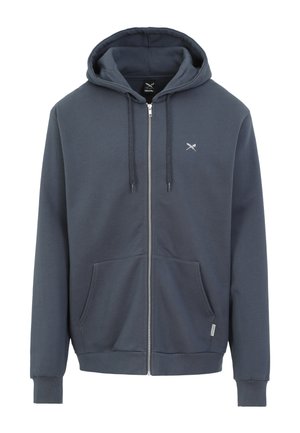 Dark gray zip-up hoodie with front pockets, drawstring hood, and small white crossed utensils logo on the left chest.