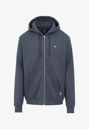 Dark gray zip-up hoodie with front pockets, drawstring hood, and small white crossed utensils logo on the left chest.